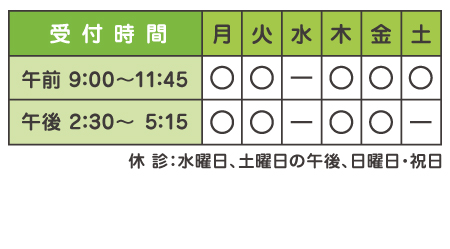 診療時間：午前の部、９時から12時30分まで。午後の部、２時30分から６時まで。休診日：水曜・土曜の午後と日曜・祝日